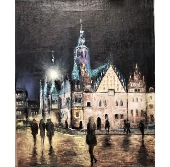 Obraz "Wrocław. Ratusz w wieczornych światłach" Technika:olej