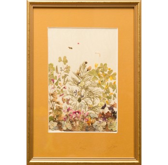 Obraz „Kompozycja kwiatowa VI”. Technika własna: wyklejanie z płatków kwiatów.