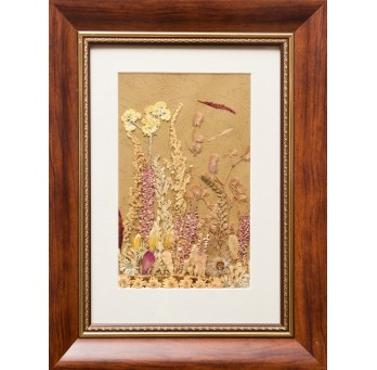 Obraz „Kompozycja kwiatowa VII”. Technika własna: wyklejanie z płatków kwiatów.